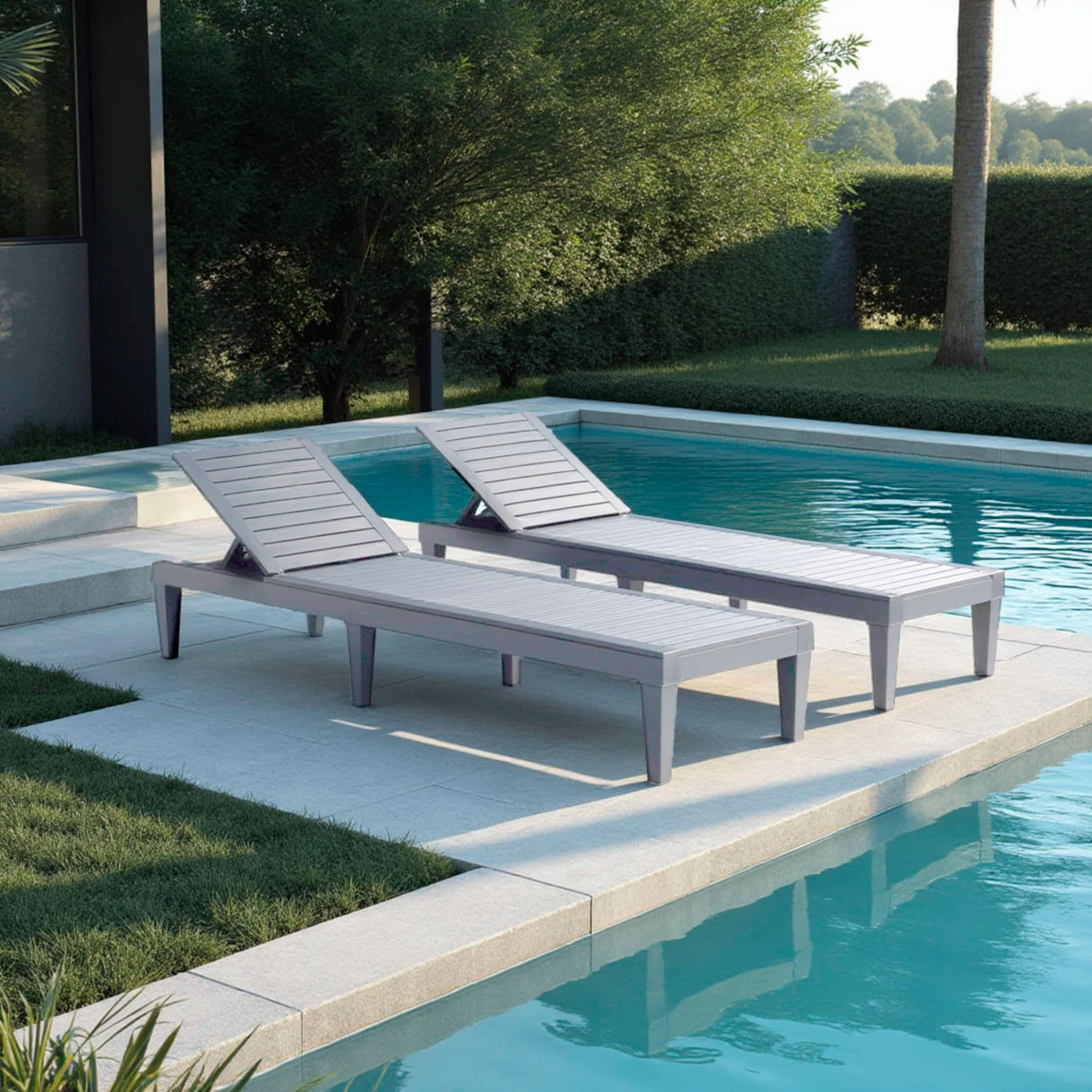 Nestl Patio Chairs - Grey Chaise Lounge Chair Outdoor, 5-Position Adjustable Sun Tanning Chair, Waterproof Pool Lounge Chairs Set of 2, Reclining Lawn Chair, Lightweight Outdoor Lounge Chairs Nestl