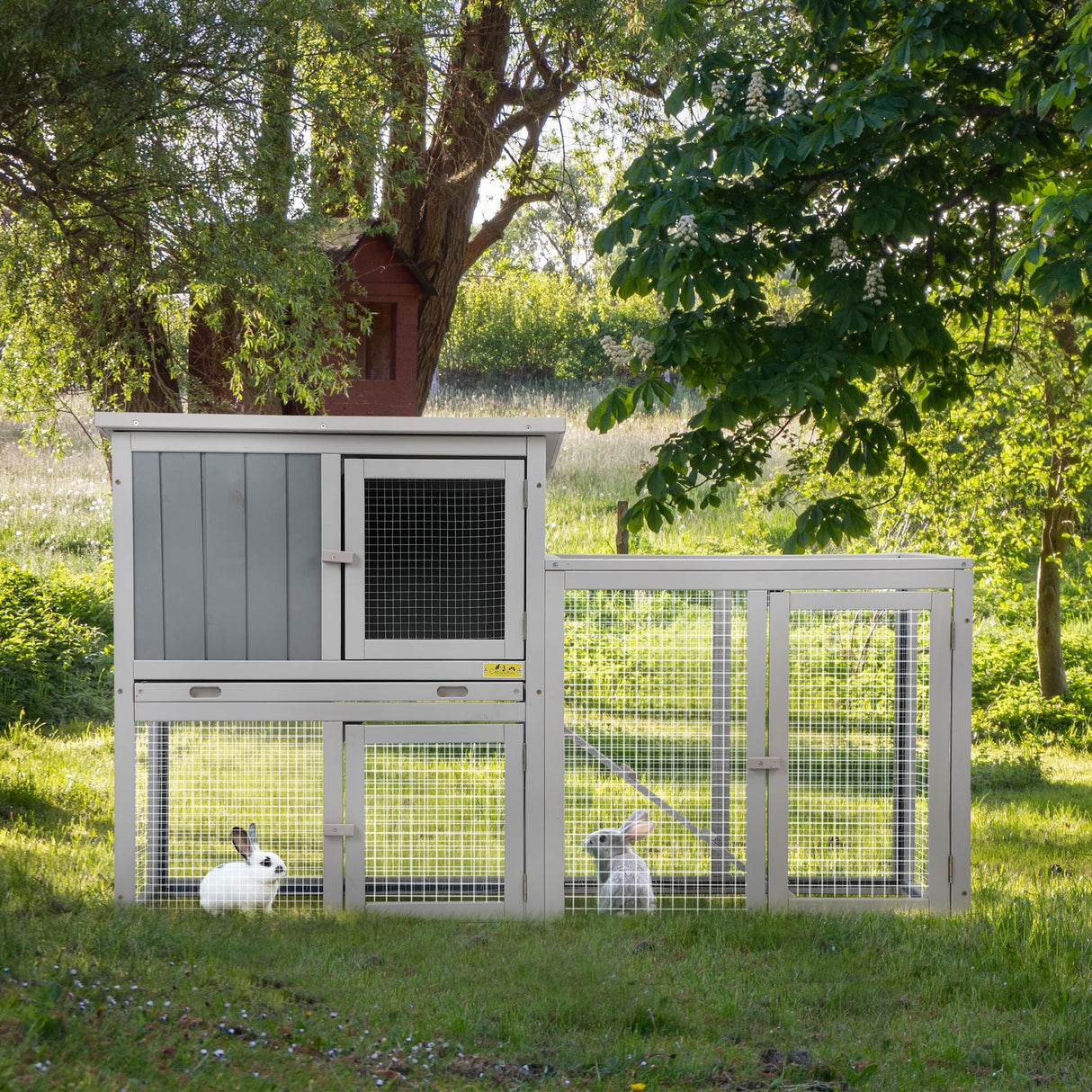 COZIWOW Assembled 54Inch Wooden Large Rabbit Hutch Indoor with Run Durable 2 Story Small Animal House Habitat, Pet Bunny Cage Outdoor with Cleaning Tray, for Bunny Chick Duck Hamster (Grey) COZIWOW