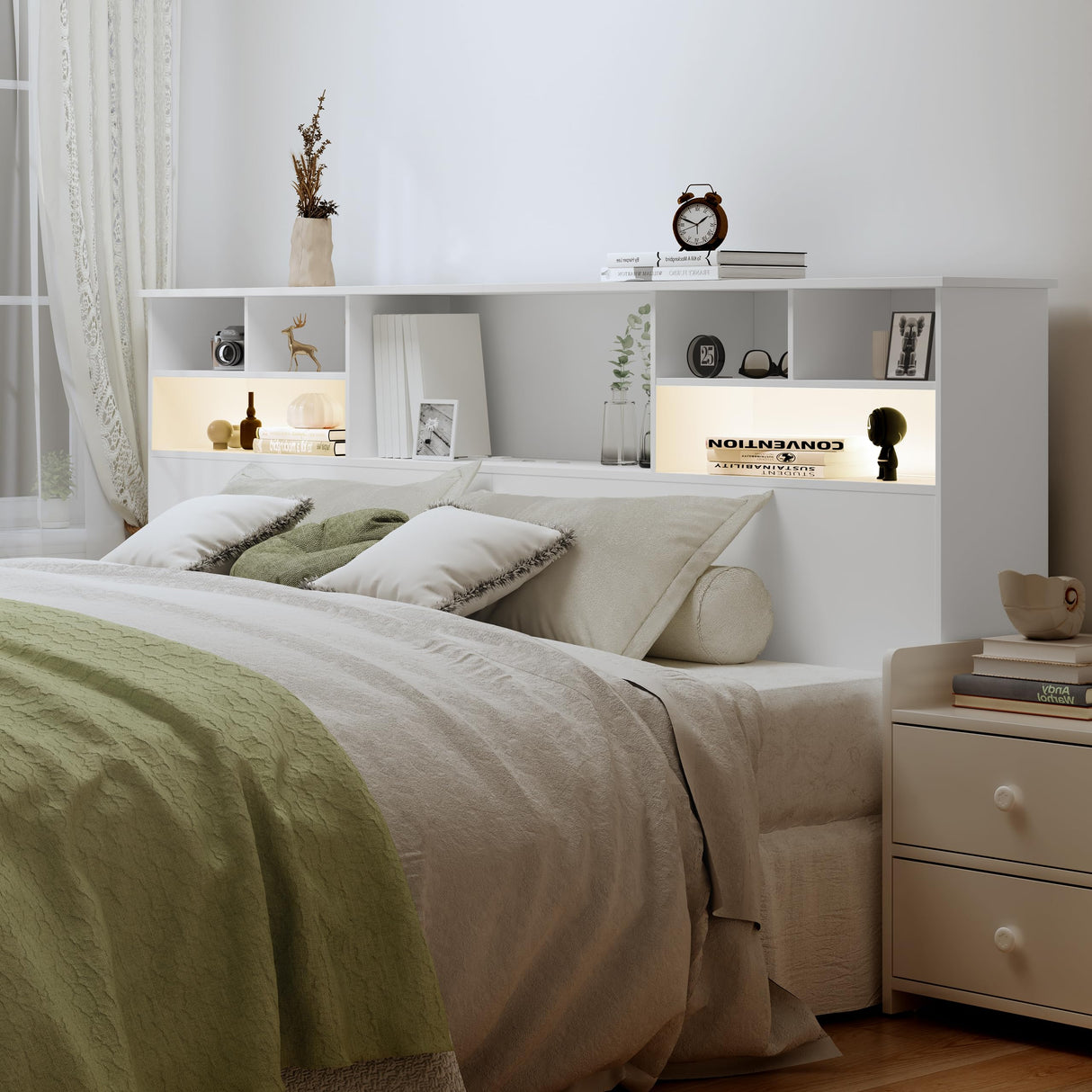 AYEASY King Size Headboard for Bedroom, Stylish Bookcase Headboard with Built-in Charging Station & 2 LED Lights, Engineered Wood Headboard, Noise-Free HeadBoard King Size with Storage, White AYEASY