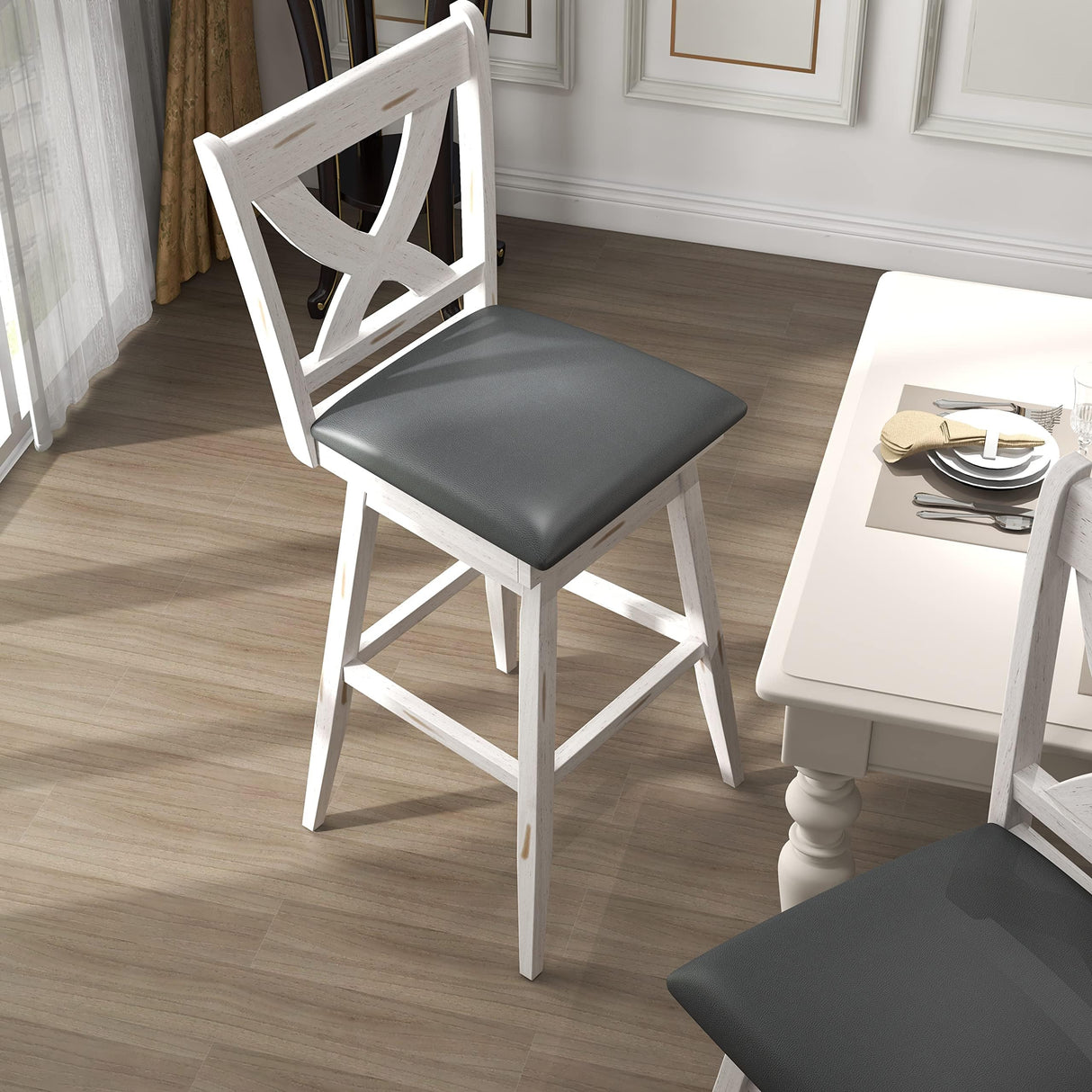 MU 29 Inch Bar Height Swivel Stools, Kitchen Island Chairs with Back, Upholstery Bar Stool with Wood Footrest Legs, Counter Stools for Pub, Bar, Restaurant (Antique White and Grey, Set of 2) MU