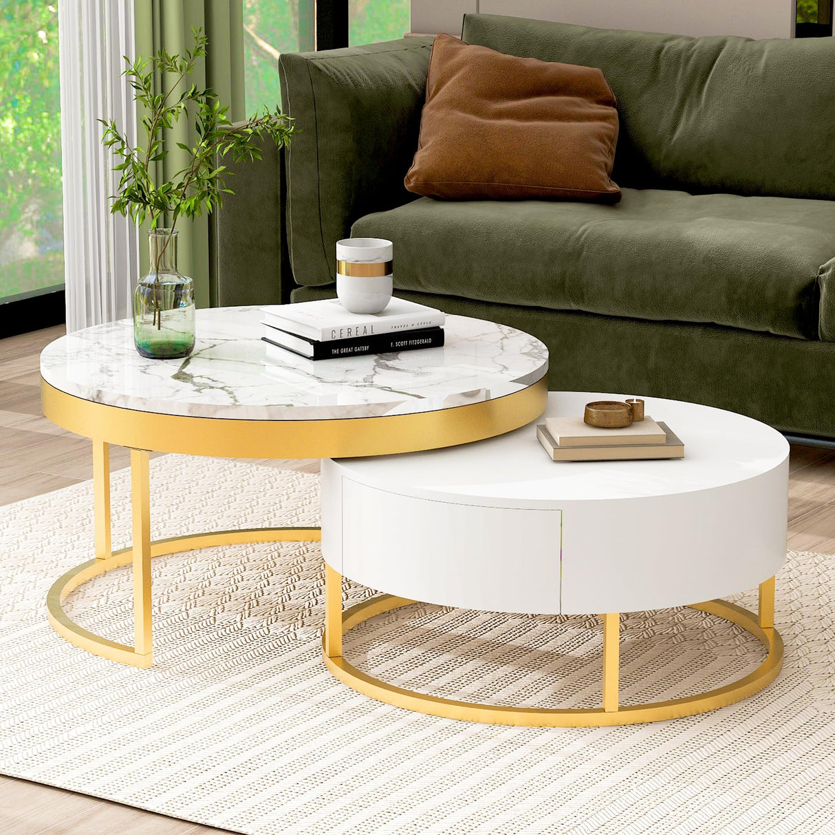 Modern Round Nesting Coffee Table with Drawers for Living Room in White Flieks