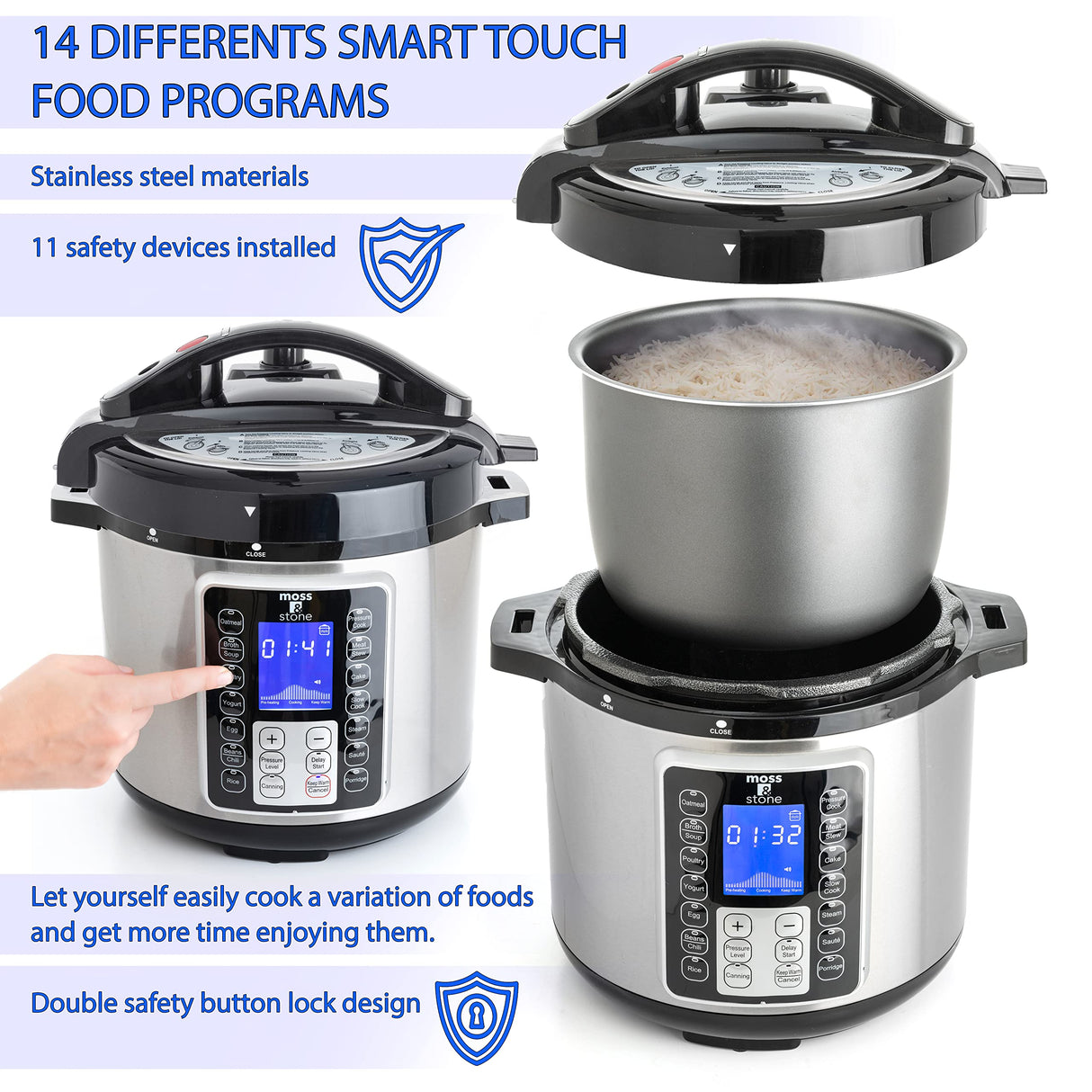 Moss & Stone Electric Pressure Cooker with Large LCD Display, Multi-Use 6 Quart Electric Pot, 14 in 1 Slow Cooker, Rice Cooker, Steamer Maker, Sauté, Yogurt Maker, Egg Cooker, Warmer & More Moss & Stone