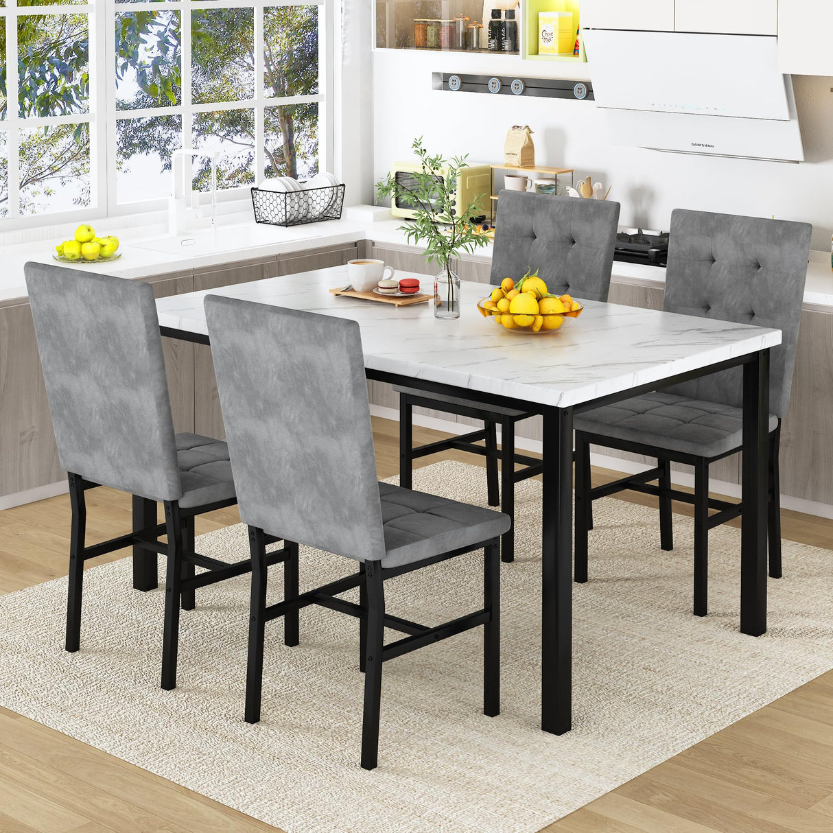 AWQM Dining Table Set for 4,Faux Marble Kitchen Table and Chairs Set of 4, Modern Dining Room Set for 4,Dinner Table Set with Velvet Chairs, Dining Set for Small Spaces,White & Grey AWQM