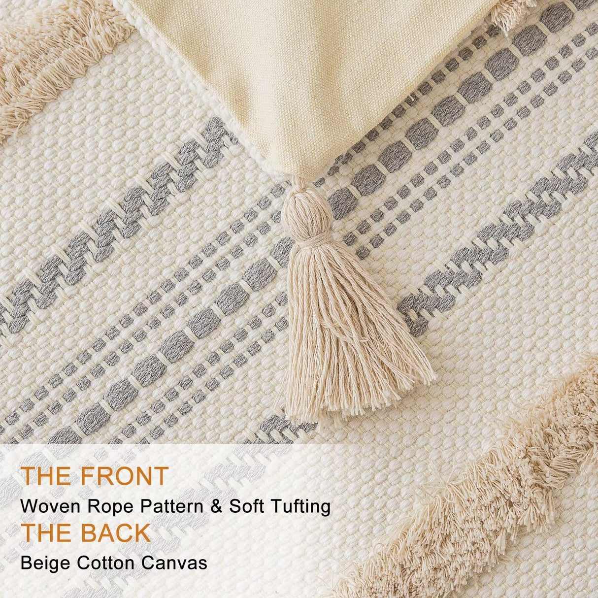 Boho Throw Pillow Covers 18x18 Set of 2 Woven Tufted Farmhouse Pillows Cover with Tassels Textured Striped Cushion Case Neutral Pillow Cases Decorative Pillowcase for Sofa, Couch, Bed, Khaki BUIOVBEY