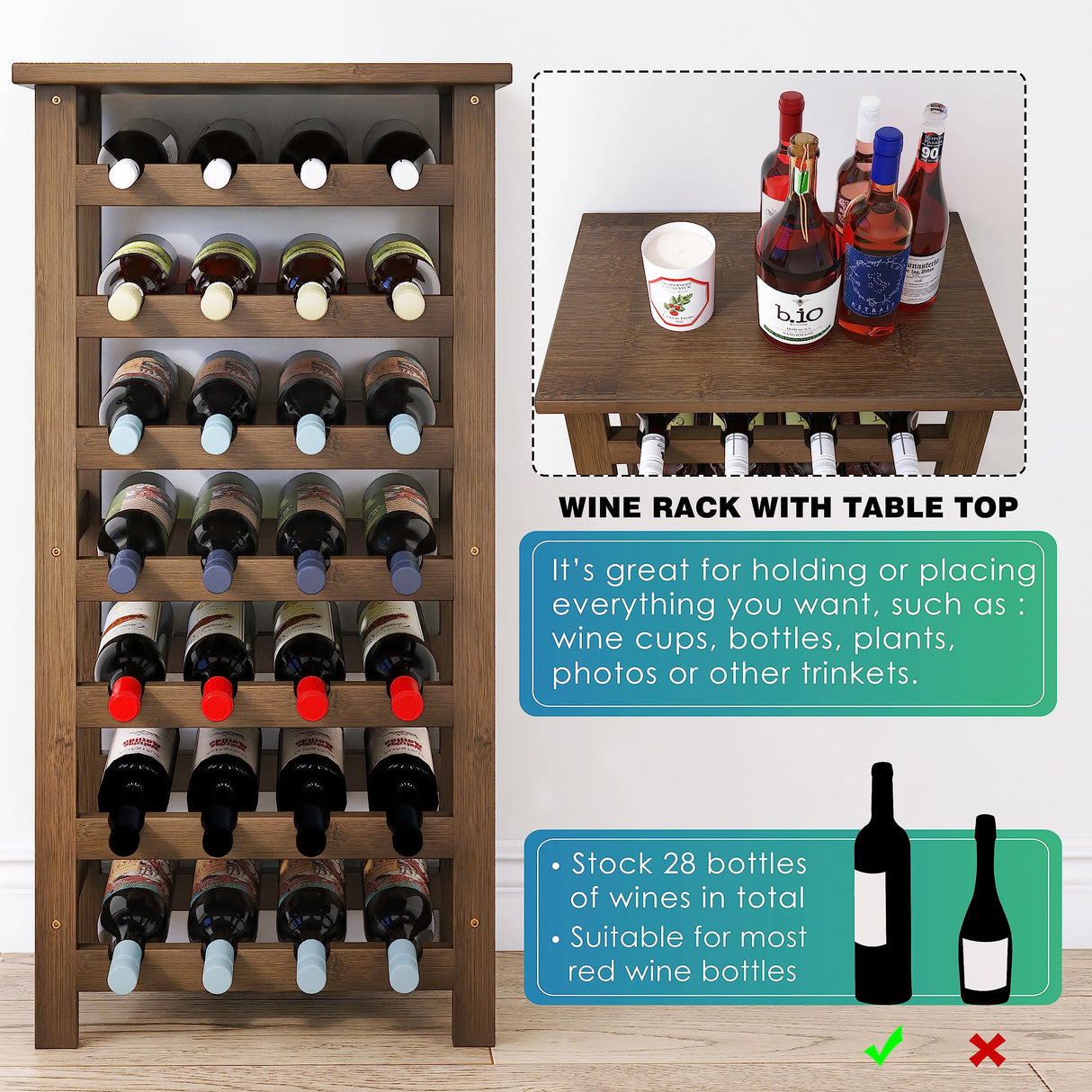 SMIBUY Bamboo Wine Rack, 28 Bottles Display Holder with Table Top, 7-Tier Free Standing Storage Shelves for Kitchen, Pantry, Cellar, Bar (Walnut) SMIBUY
