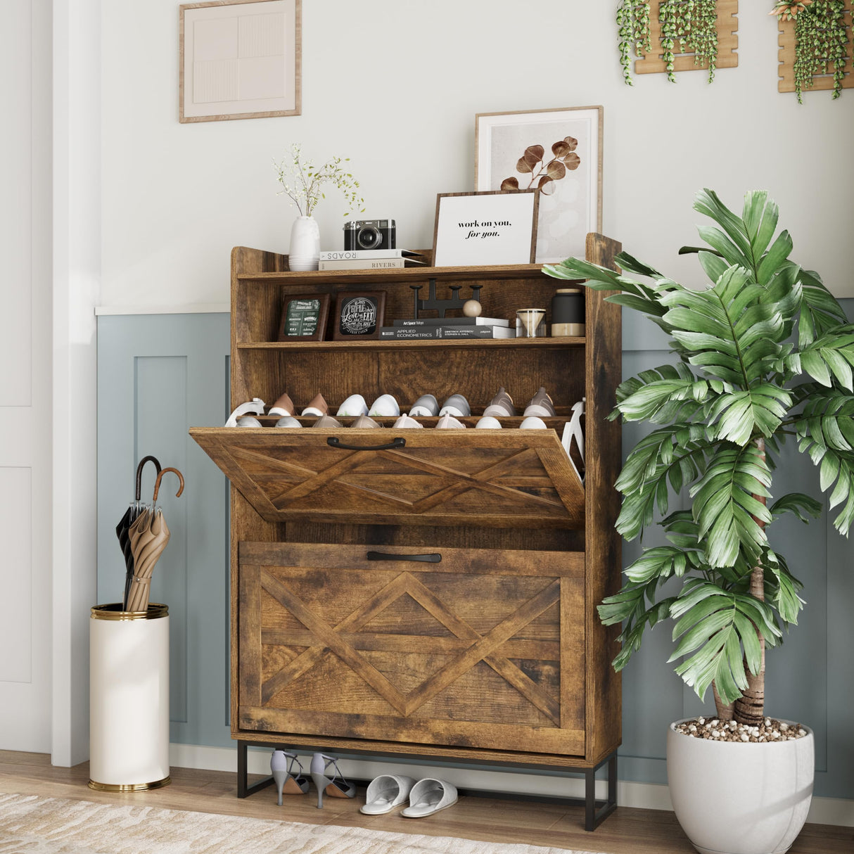 Maupvit Narrow Shoe Cabinet with 2 Flip Drawers, Shoe Storage Cabinet for Entryway, Freestanding Shoe Cabinet Organizer with Open Storage, Farmhouse Shoe Rack with Metal Legs (Brown) Maupvit