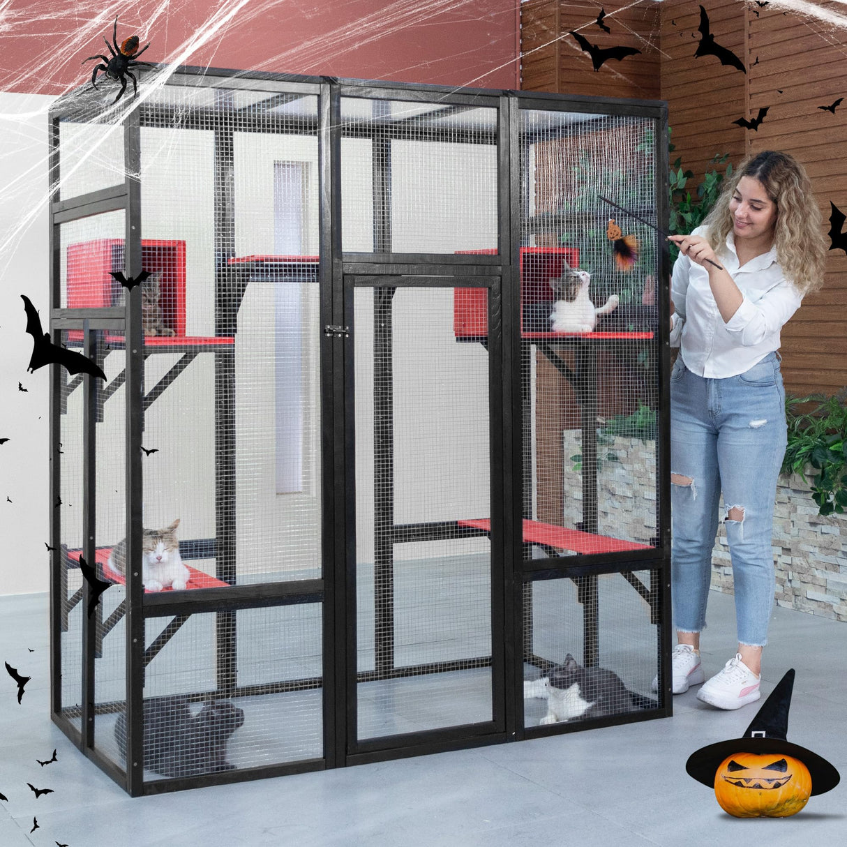 Nyeekoy 71Inches Large Wood Catio Outdoor Cat Enclosure with Perches and Condos, Cat House Indoor with Waterproof Roof, Cat Shelter 7 Platforms & 2 Resting Box, UV Resistant (Gothic) Nyeekoy