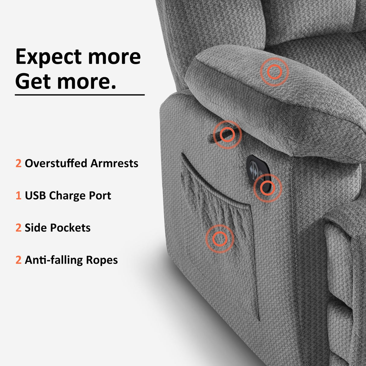 MCombo Zero Gravity Power Recliner Sofa with Drop Down Table, Heat and Vibration Massage, 3 Seater Dual Reclining Couch with USB Ports, Cup Holders for Living Room, Fabric RS6236 (Grey) MCombo