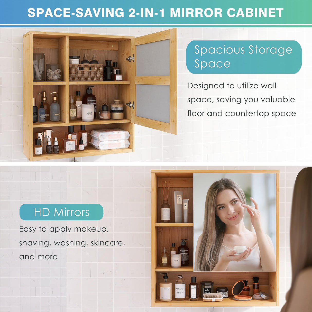 SMIBUY Bathroom Mirror Cabinet Wall Mounted, Bamboo Space Saver Medicine Cabinet, Wall Hanging Over Toilet Storage Cabinet with Mirror Door and Adjustable Shelf (Natural) SMIBUY