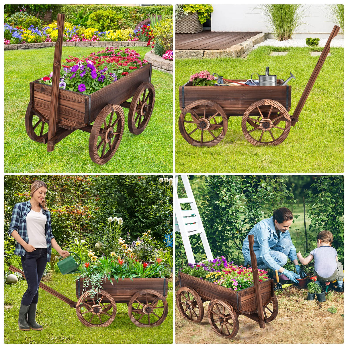S AFSTAR Wooden Wagon, Wood Flower Planter Pot Stand with 4 Wheels & Drainage Holes, Amish Wagon Planter, Rolling Pot Stand Wood Wagon for Outdoor Plants Garden Decorative Garden Planter, Brown S AFSTAR