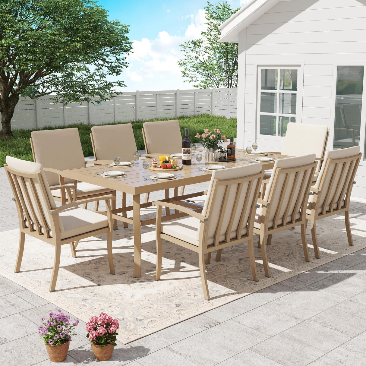 HAPPATIO Aluminum 9 Piece Patio Dining Set - Aluminum Outdoor Dining Set for 8, Patio Dining Table and Chairs Set, Patio Furniture with Table and Chairs (Beige) HAPPATIO