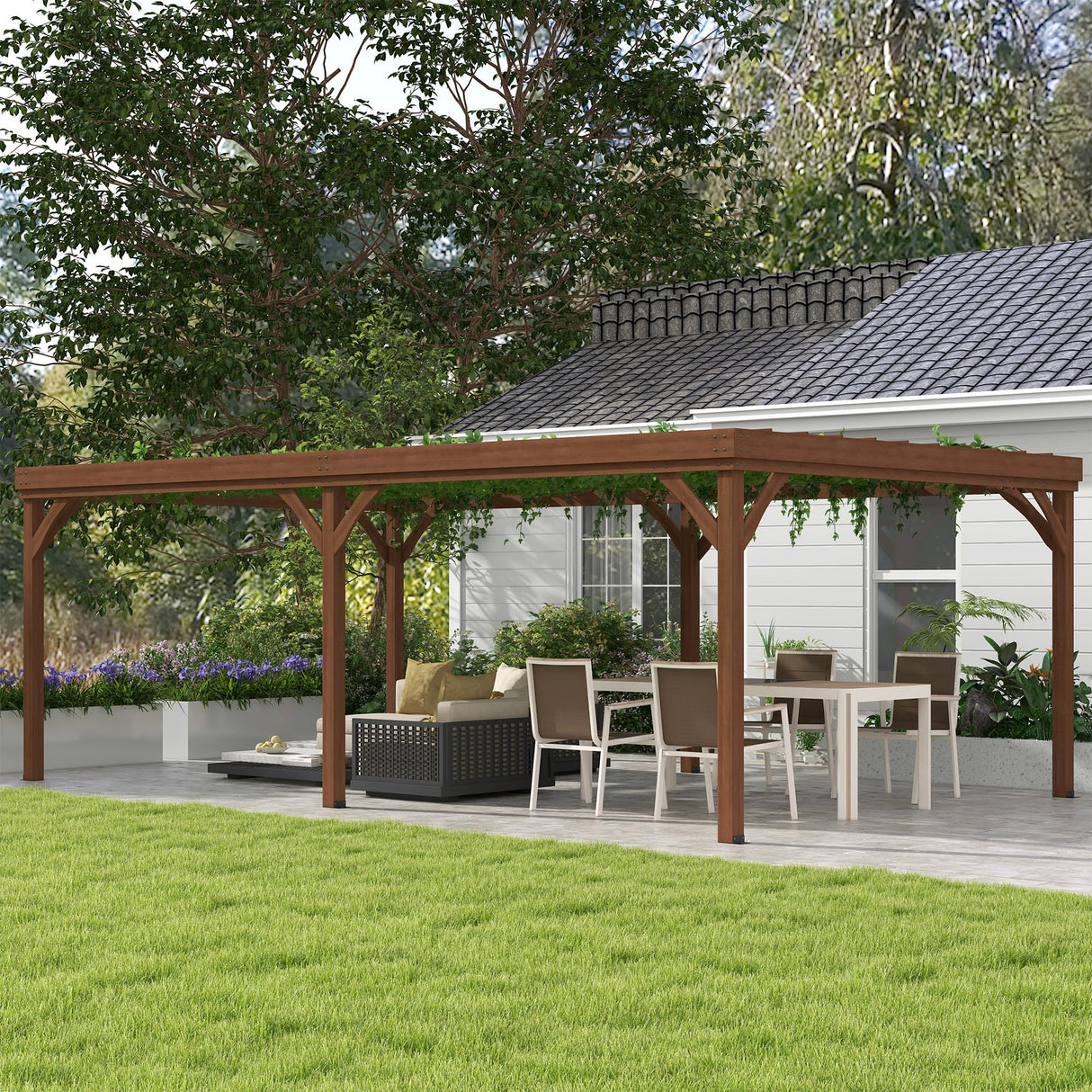 Outsunny 12' x 20' Outdoor Pergola, Wood Gazebo Grape with Concrete Anchors for Climbing Plant Support at Garden, Patio, Backyard, Deck, Brown Outsunny