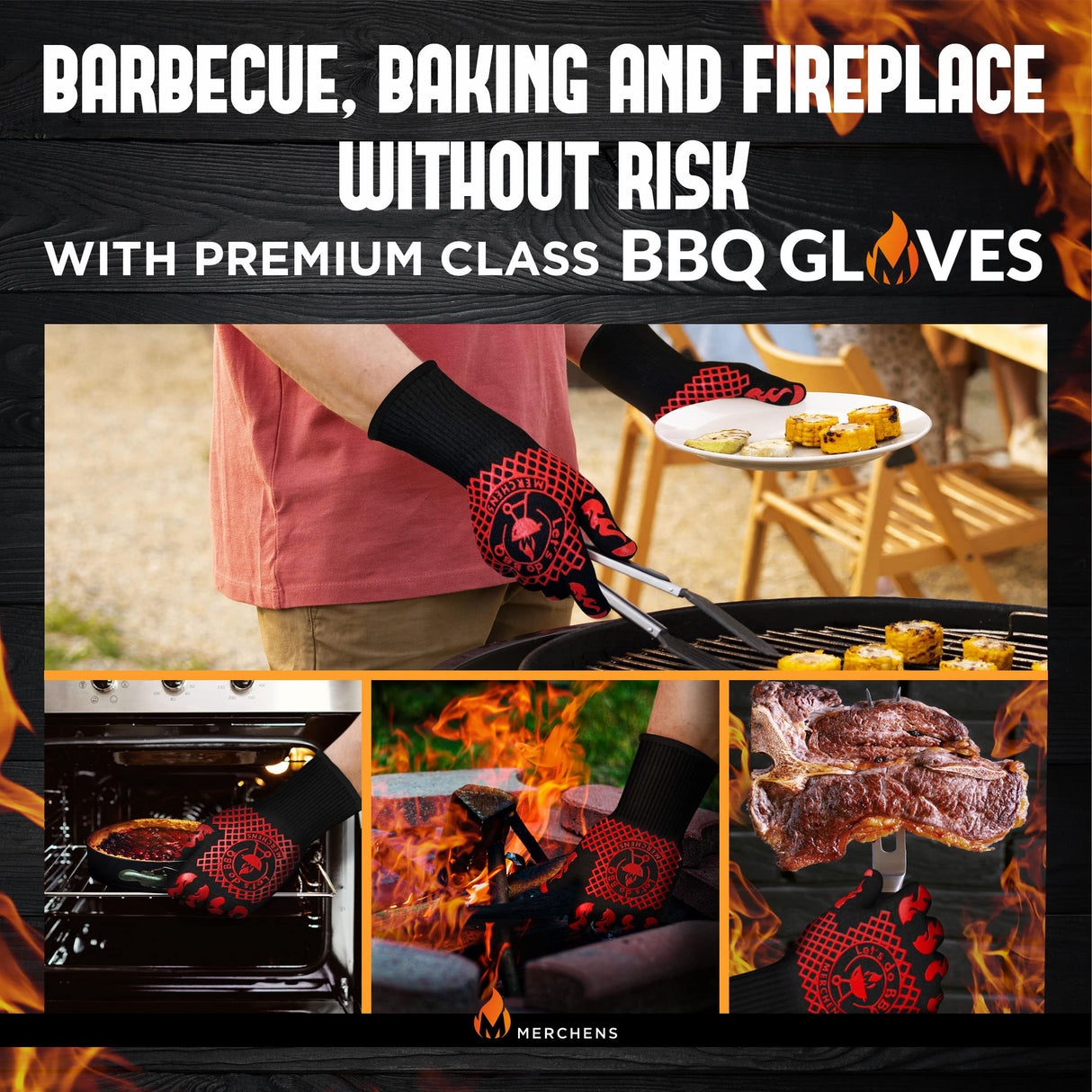 Pro-Series BBQ Gloves - Heat Resistant Grill, Grilling, and Oven Gloves for Culinary Experts - Extreme Fireproof Protection, Silicone Grip, Extra Long Mitts - Indoor & Outdoor - with Protective case M MERCHENS