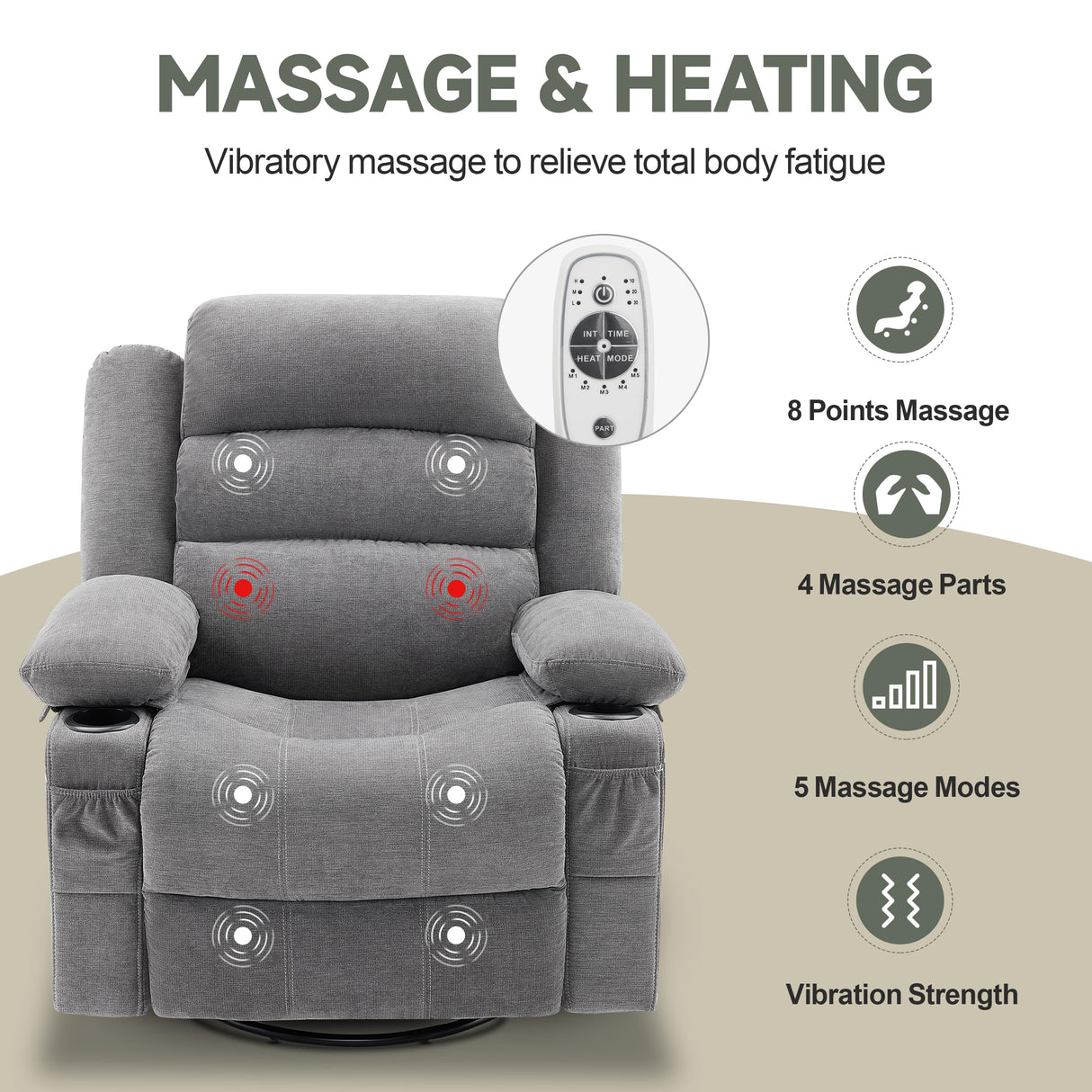 Rocker Recliner Chair with Heat and Massage, 360° Swivel Recliner Chairs for Adults, Oversized Recliner Single Sofa Seat with Cup Holders, Lazy Boy Recliner Single Sofa Seat, Grey Huatean Home