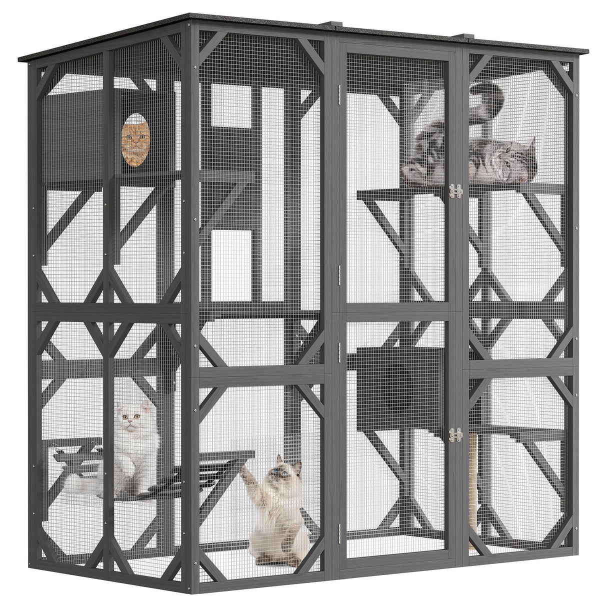 70'' Walk-in Catio with Window Access, Extra Large Outdoor Cat Enclosure for Multiple Cats, Waterproof Roof Cattery with Bridge and Scratching Post Outside Patio Cat Playpen Grey GarveeLife