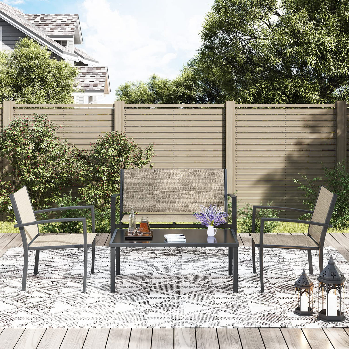 Greesum 4 Pieces Patio Furniture Set, Outdoor Conversation Sets for Patio, Lawn, Garden, Poolside with A Glass Coffee Table, Beige Greesum