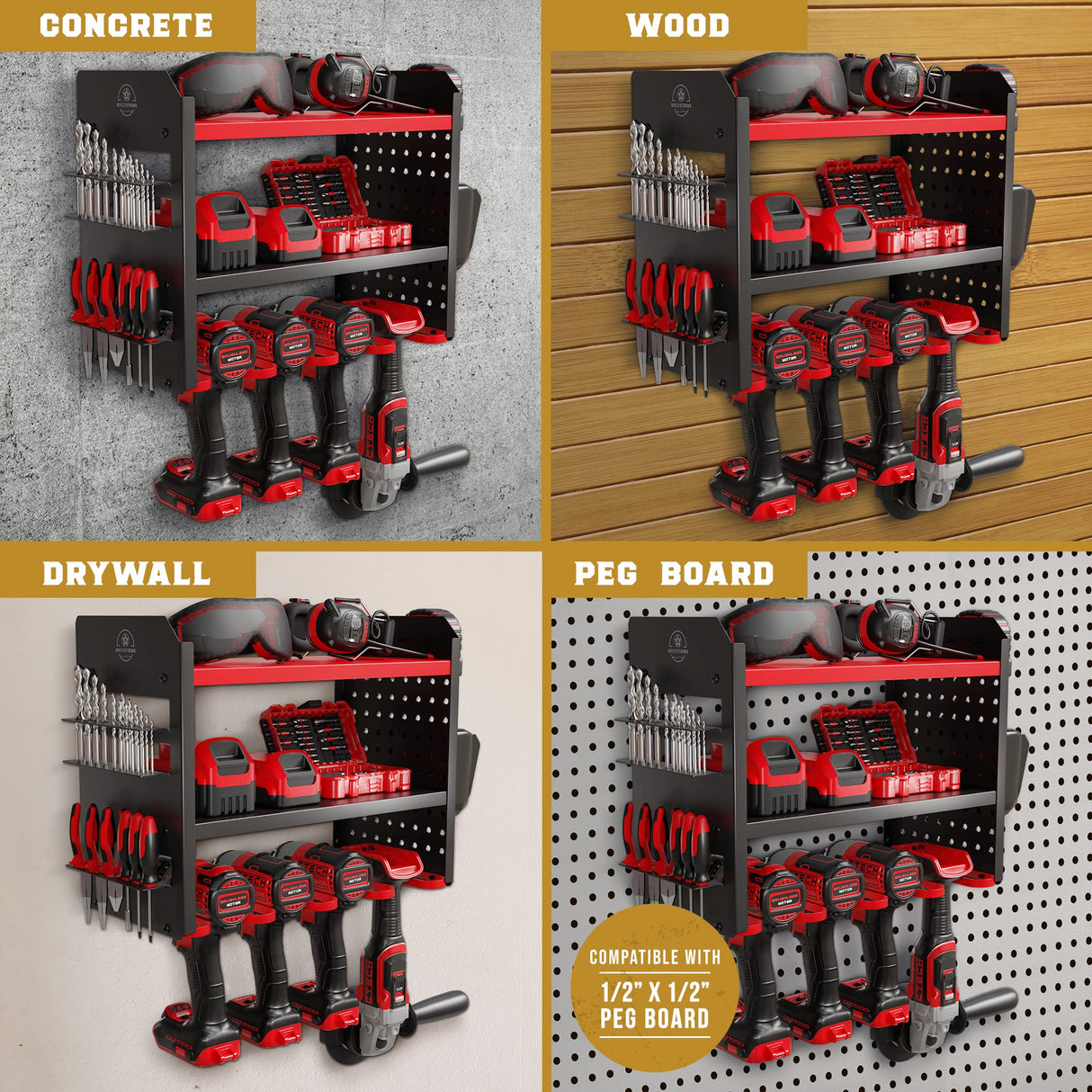 BUILTSTRONG Power Tool Organizer Wall Mount - 3-Tier Heavy-Duty Metal Hand Tool Storage Rack, Utility Racks, Drill Holder, PegBoard Side, & More - Garage Storage Cordless Tool Organizer (Red) BUILTSTRONG