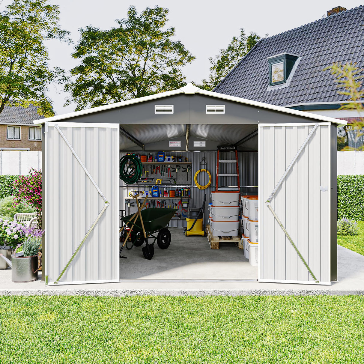 YOPTO 10x14 FT Outdoor Storage Shed, Extra Large Metal Garden Shed with Waterproof Roof, 4 Vents and 3 Lockable Doors,All-Weather Tool Shed Storage House for Backyard, Patio, Lawn,Dark Grey YOPTO