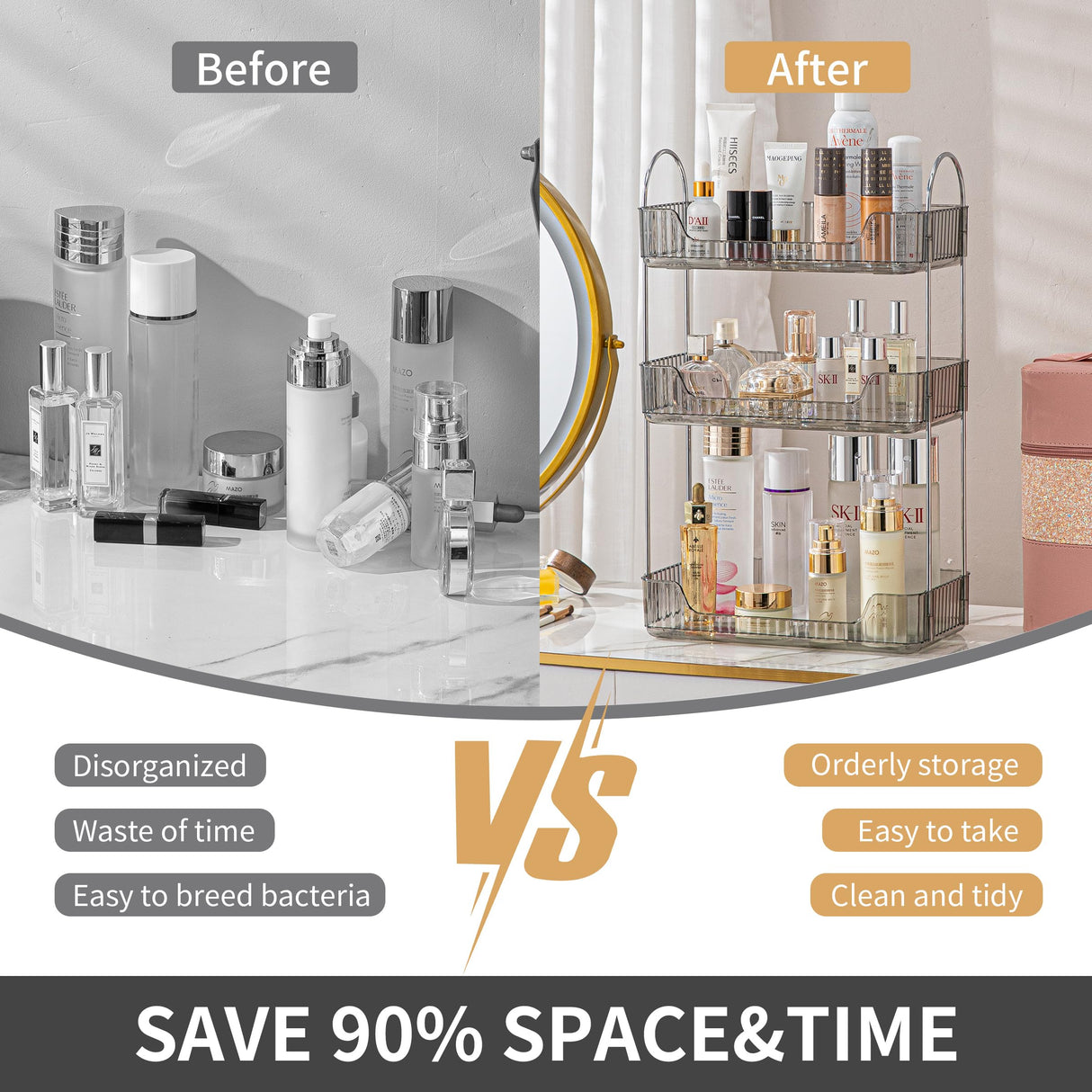 akinbas 3 Tier Bathroom Organizer Countertop Makeup Perfume Tray Skincare Organizer for Bathroom Dresser Vanity (Grey) akinbas