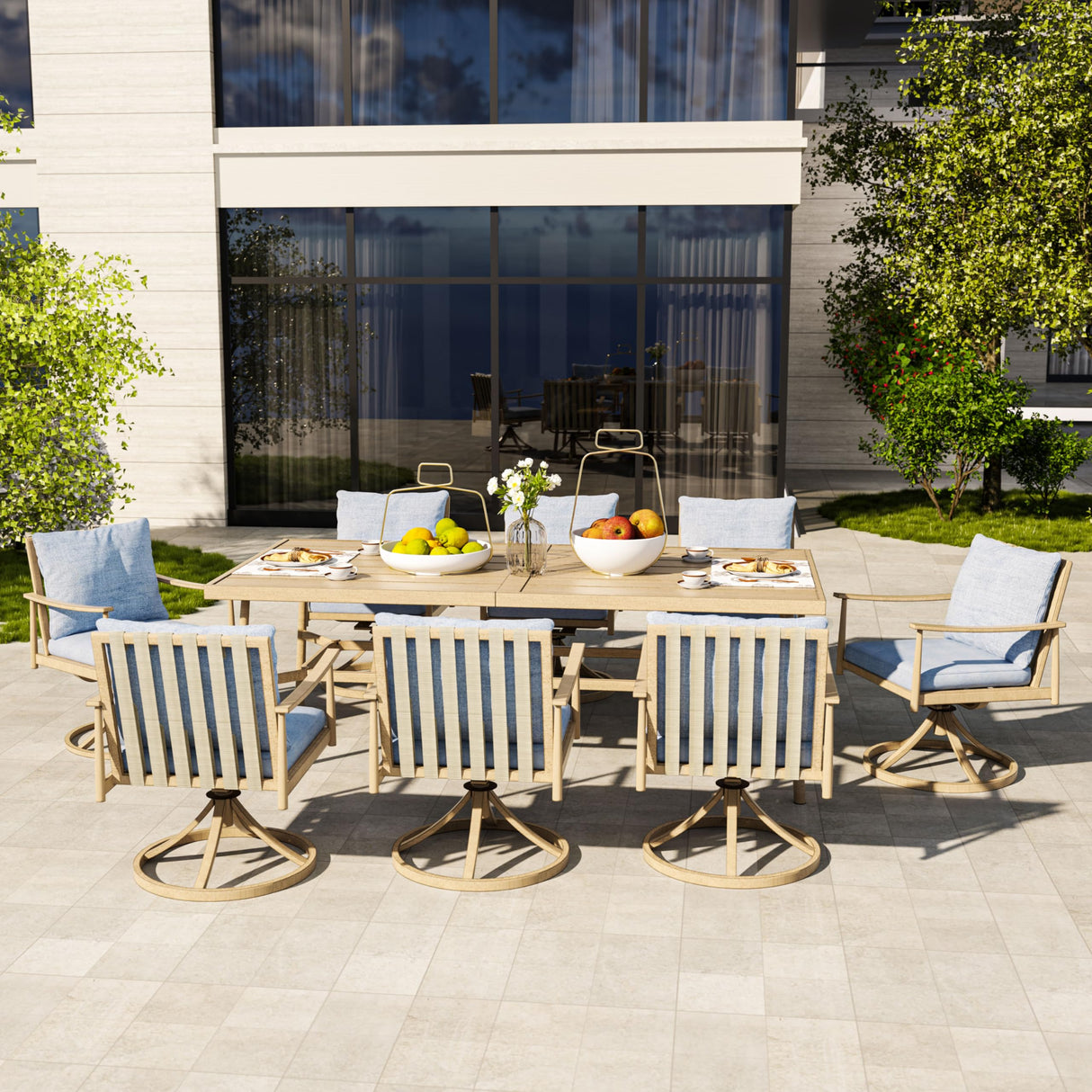 HAPPATIO 9-Piece Patio Dining Set for 8, Aluminum Outdoor Dining Set with Cushions, 8 Swivel Dining Chairs, 1 Large Rectangular Table with Umbrella Hole for Lawn, Porch, Backyard, Brown HAPPATIO