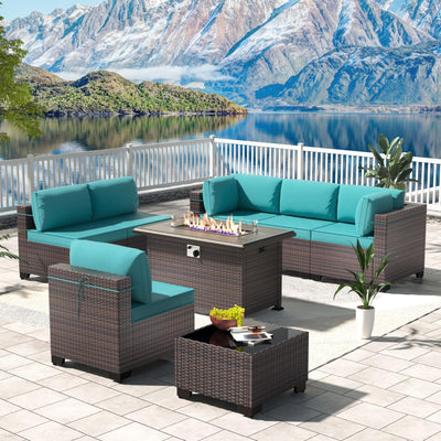 Kullavik 8 Pieces Outdoor Patio Furniture Set,Sectional Sofa Set with 43" 55000 BTU Gas Propane Fire Pit Table,Brown PE Rattan Wicker Patio Conversation Set,Turquoise Blue
