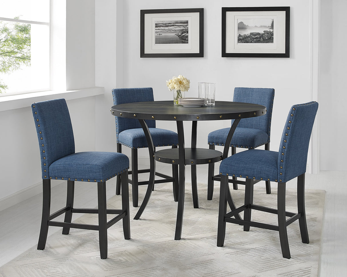 Roundhill Furniture Collection Biony Espresso Wood Counter Height Dining Set with Blue Fabric Nailhead Stools, Roundhill Furniture