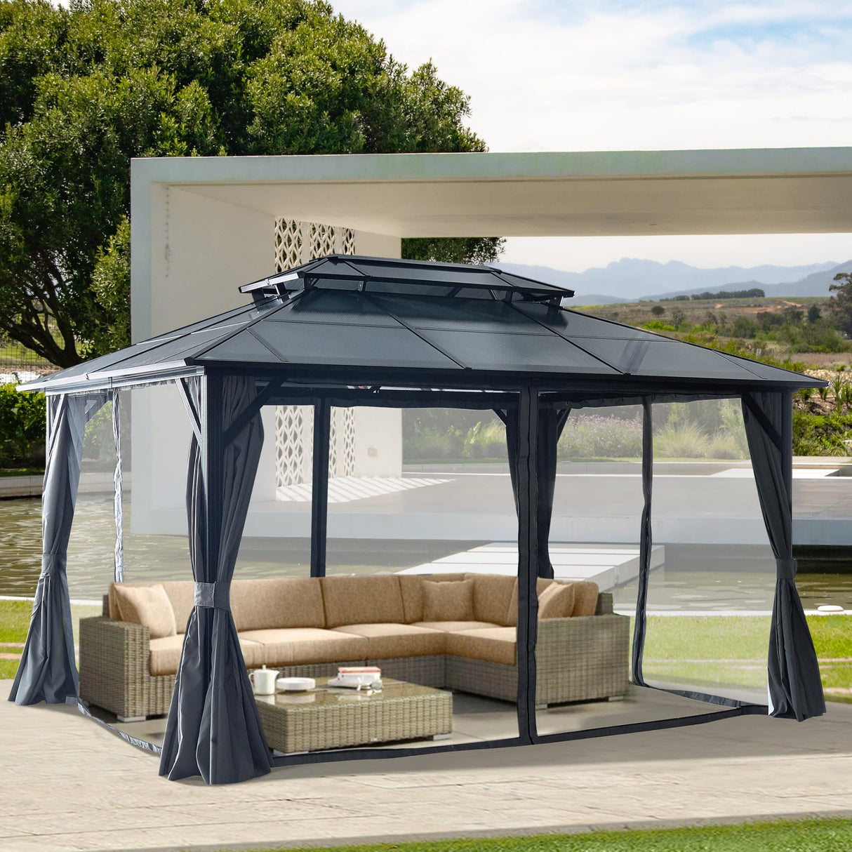 Zolyndo 10x13ft Outdoor Hardtop Gazebo with Netting and Curtains, Heavy-Duty Galvanized Aluminum Frame Gazebo with 2-Tier Waterproof Polycarbonate Roof for Patio, Backyard, Deck and Lawns, Black Zolyndo