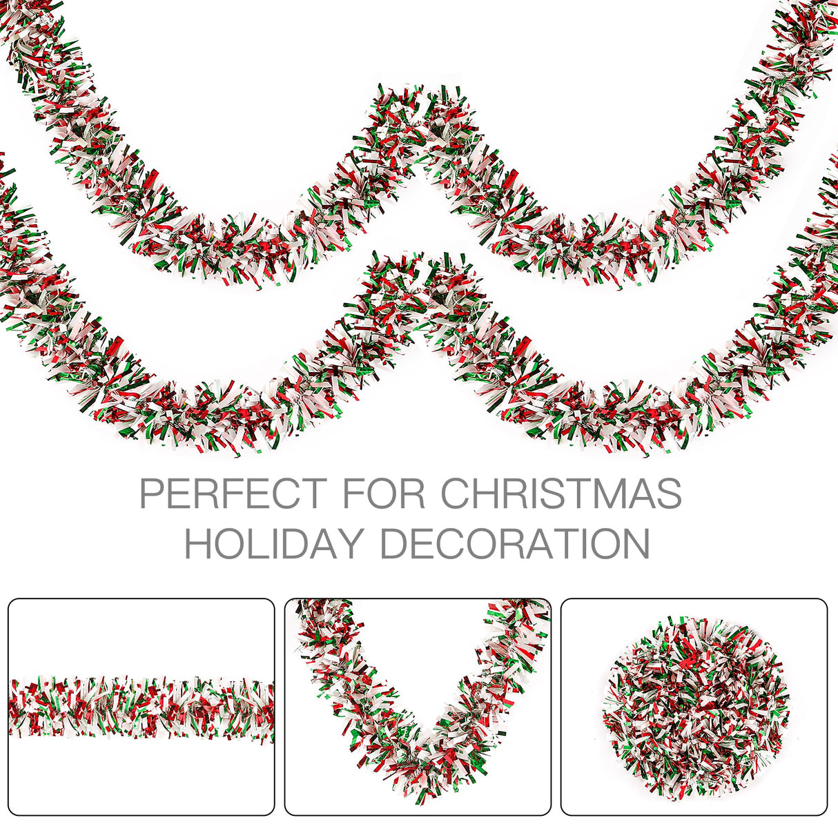 Sggvecsy 49.2Ft Christmas Green Red White Tinsel Garland Xmas Tree Decorations Christmas Metallic Twist Garland Ceiling Hanging Decorations for New Year Party Birthday Holiday Indoor Outdoor Supplies Sggvecsy