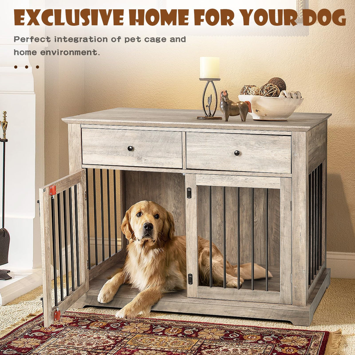 LEMBERI 44 Inch Large Dog Crate Furniture, Wooden Dog Kennel End Table with Storage Drawers, Decorative Pet Crates Dog House Indoor for Dogs LEMBERI