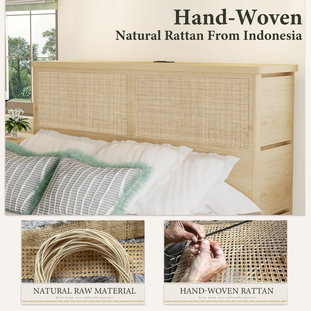 Yechen 48" Natural Rattan Headboard Queen Size with 6 Storage Drawers and Charging Station, Tall Light Wood Boho Queen Headboard Only, Freestanding Wicker Sturdy Frame Wall Headboards, Natural Yechen