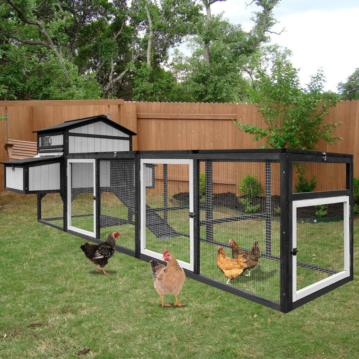 Ketive 116" Large Chicken Coop with Run, Outdoor Wooden Hen House for 3-5 Chickens, Poultry Cage with Nesting Boxes, 4 Perches, Leakproof Pull-Out Tray, Ramp, and Expandable Design for Small Animals ketive