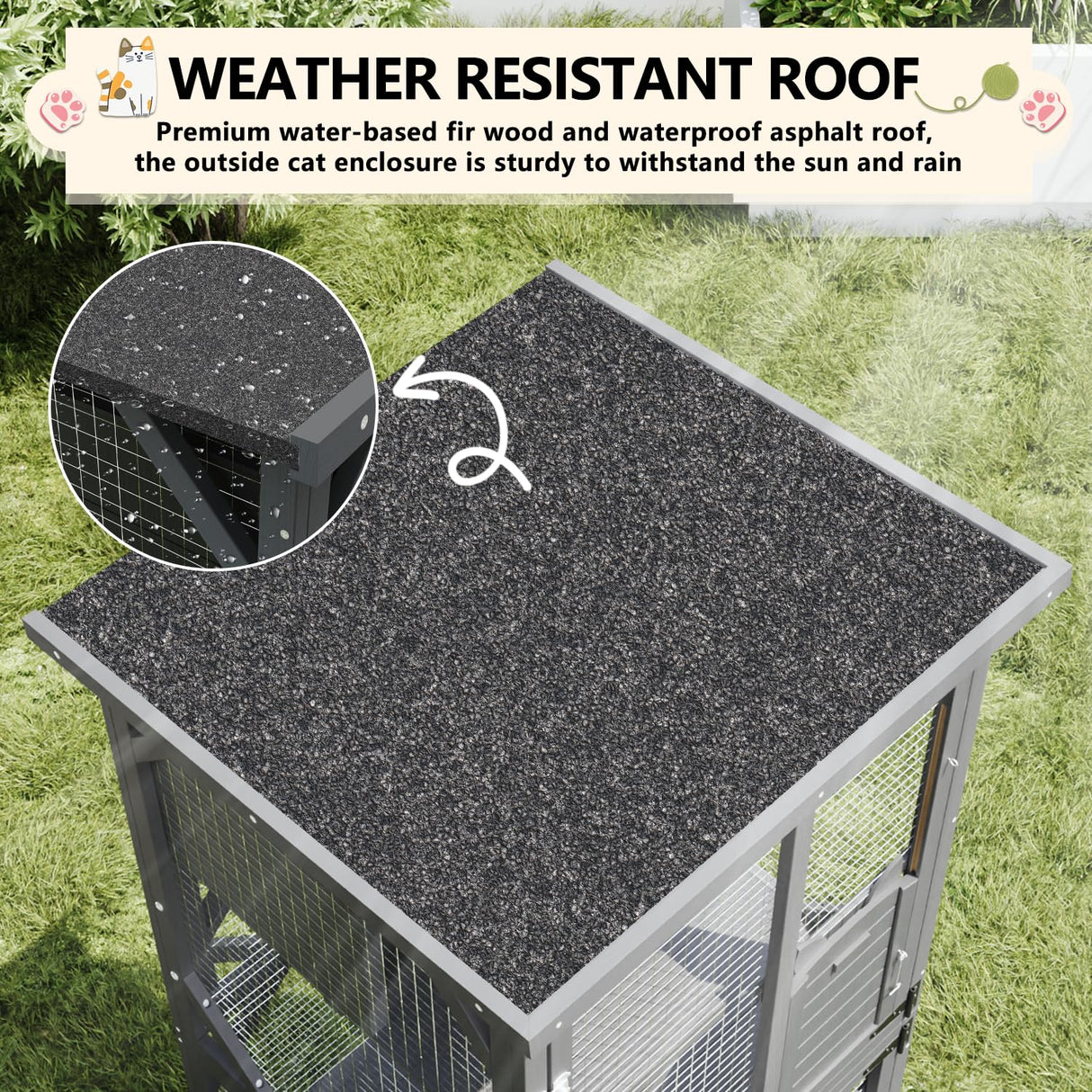 LEMBERI Cat House Catio Outdoor Enclosure Window, 71" Large Outside Patio Wooden Cat Cage with Wheels, Scratching Post, Waterproof Roof (Gray) LEMBERI