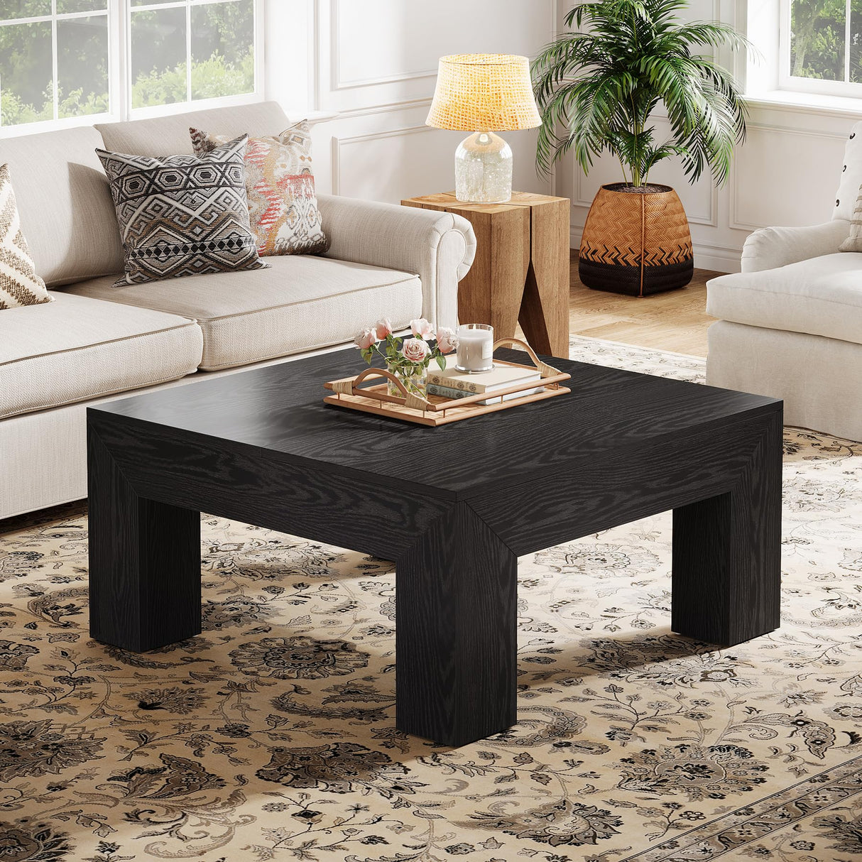 Tribesigns Farmhouse Square Coffee Table for Living Room, 39.37-Inch Low Large Center Tea Accent Table with Sturdy Legs, Easy Assembly (Black) Tribesigns