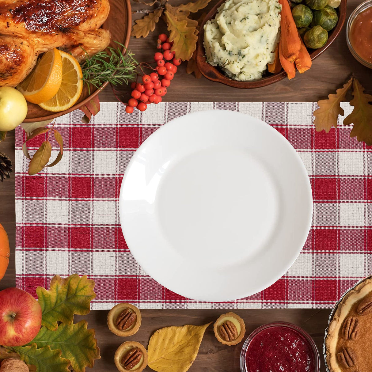 Home Brilliant Red Placemats Set of 6 Farmhouse Buffalo Plaid Table Mats Heat Resistant Dining Dinner Place Mats for Christmas Kitchen Table Dinner Mats, 13 x 19 inches, Checker, Crimson Home Brilliant