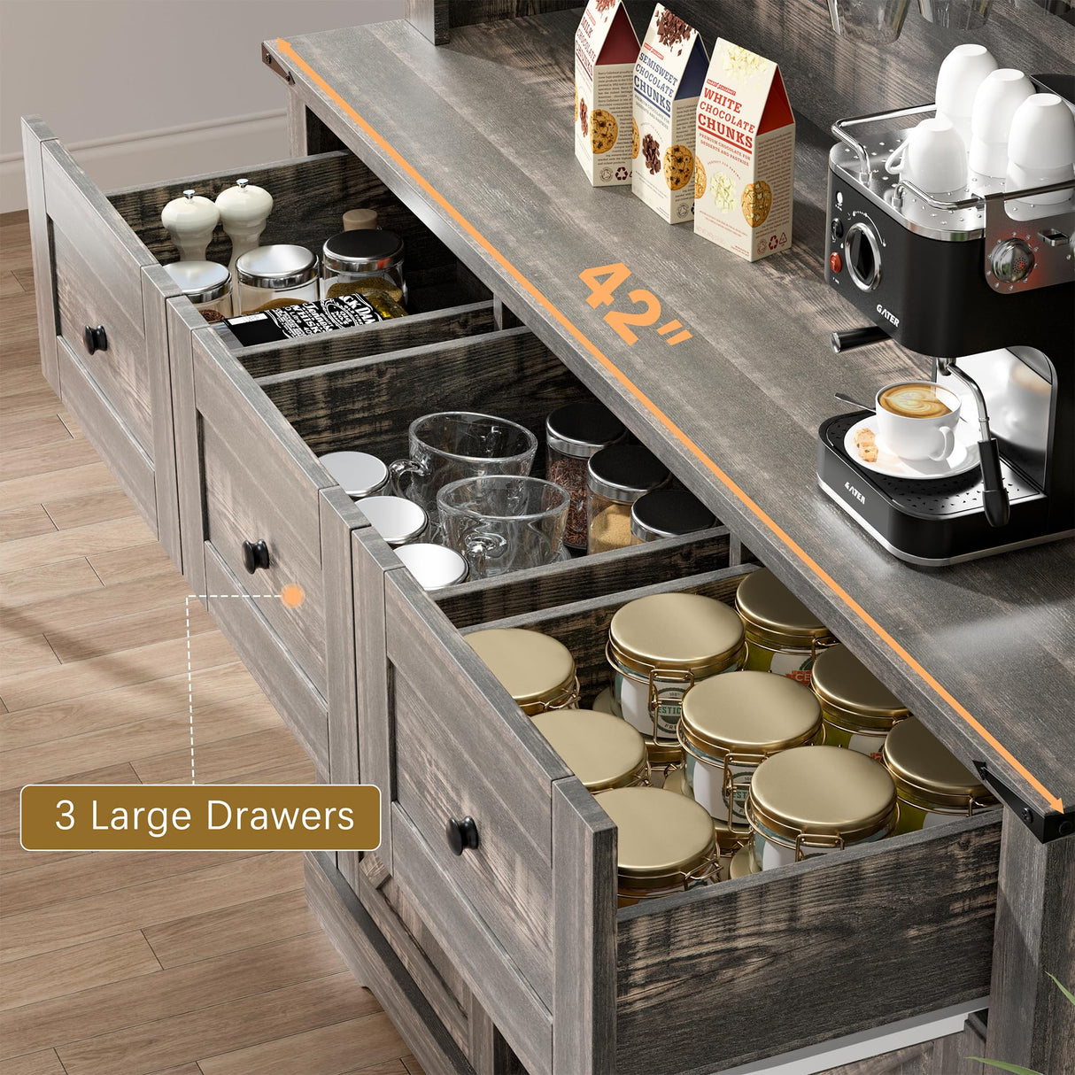 Farmhouse Coffee Bar Cabinet,72" Kitchen Hutch with Storage, Buffet Sideboard Cupboard with Adjustable Shelves, Sliding Barn Door, Wine & Glasses Rack for Kitchen, Dining Room, Dark Rustic Oak Redpick