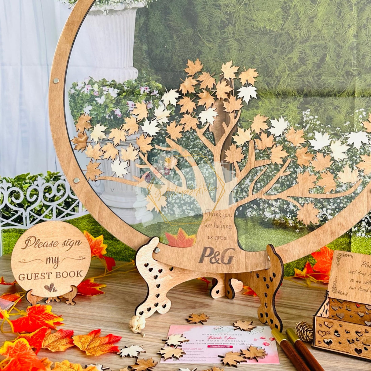 Personalized Guest Book Signs For Wedding - Customize Your Wedding Guest Book Alternative Frame, Dropbox Style with Wooden Maple Tree And Leaves - GiftshopbyHelenUS