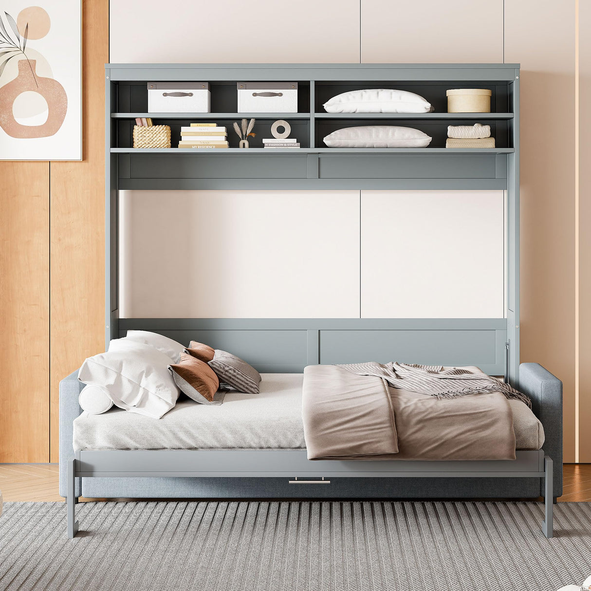 Harper & Bright Designs Queen Size Murphy Bed with Cushion and Storage Shelves, Wood Queen Platform Bed with Sofa, Wall Bed, Hidden Foldable Bed Frame for Home Office or Small Room,Gray Harper & Bright Designs