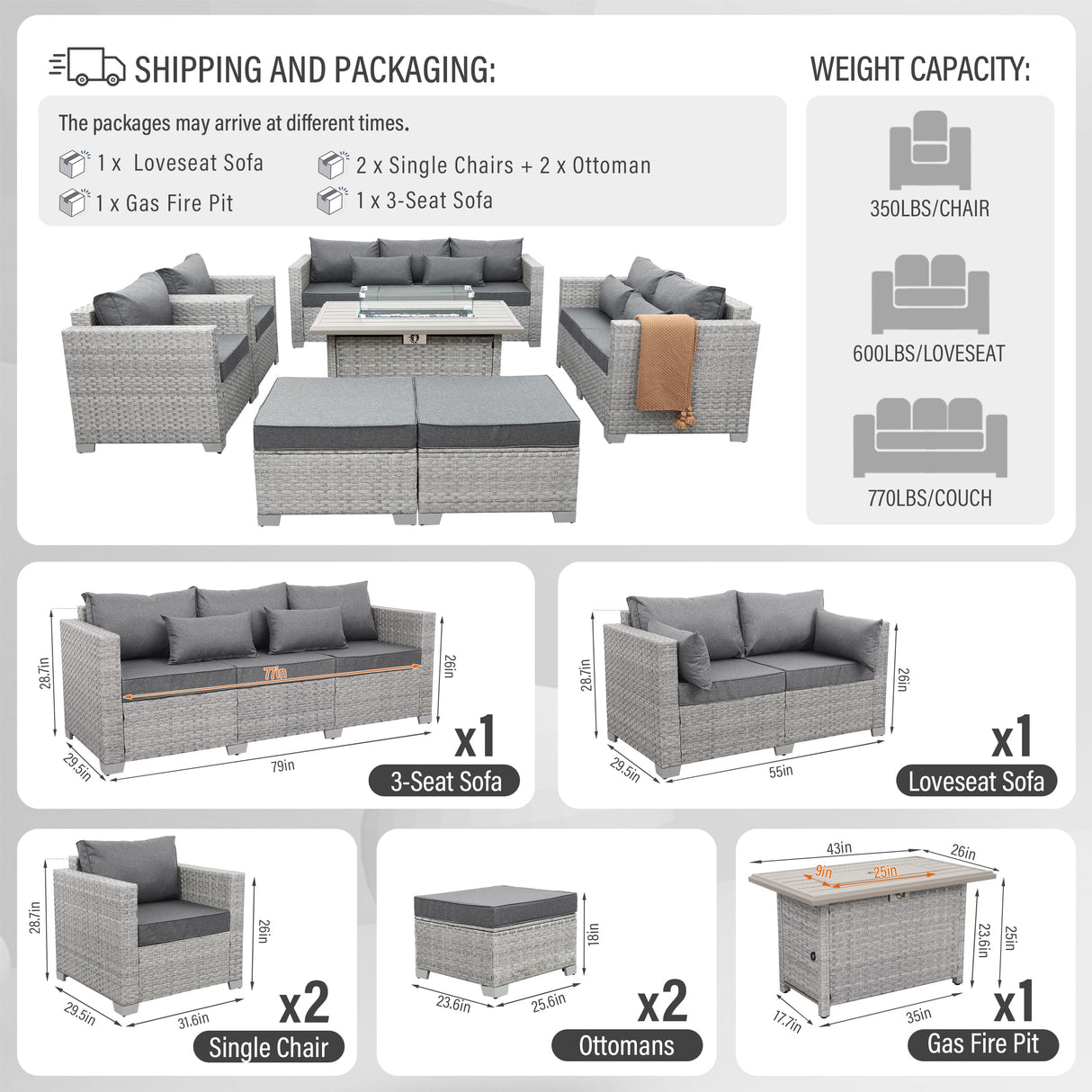 WAROOM Patio Furniture Set Gray Rattan 7 Pieces Outdoor Sectional Sofa PE Wicker Conversation Chairs with Propane Fire Pit Table and Non-Slip Thick Grey Cushion WAROOM