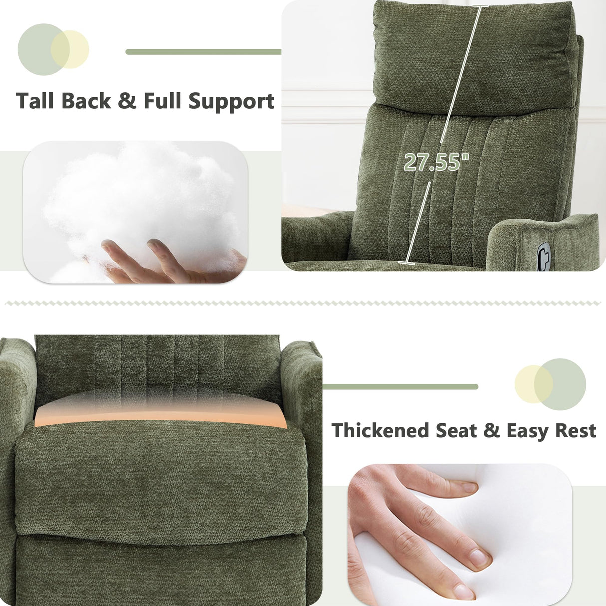 cinkehome Swivel Rocker Recliner, Glider Rocking Recliner Chair for Nursery, Manual Reclining Chair with Heated Massage, Small Spaces, Living Room, Olive Green Chenille cinkehome