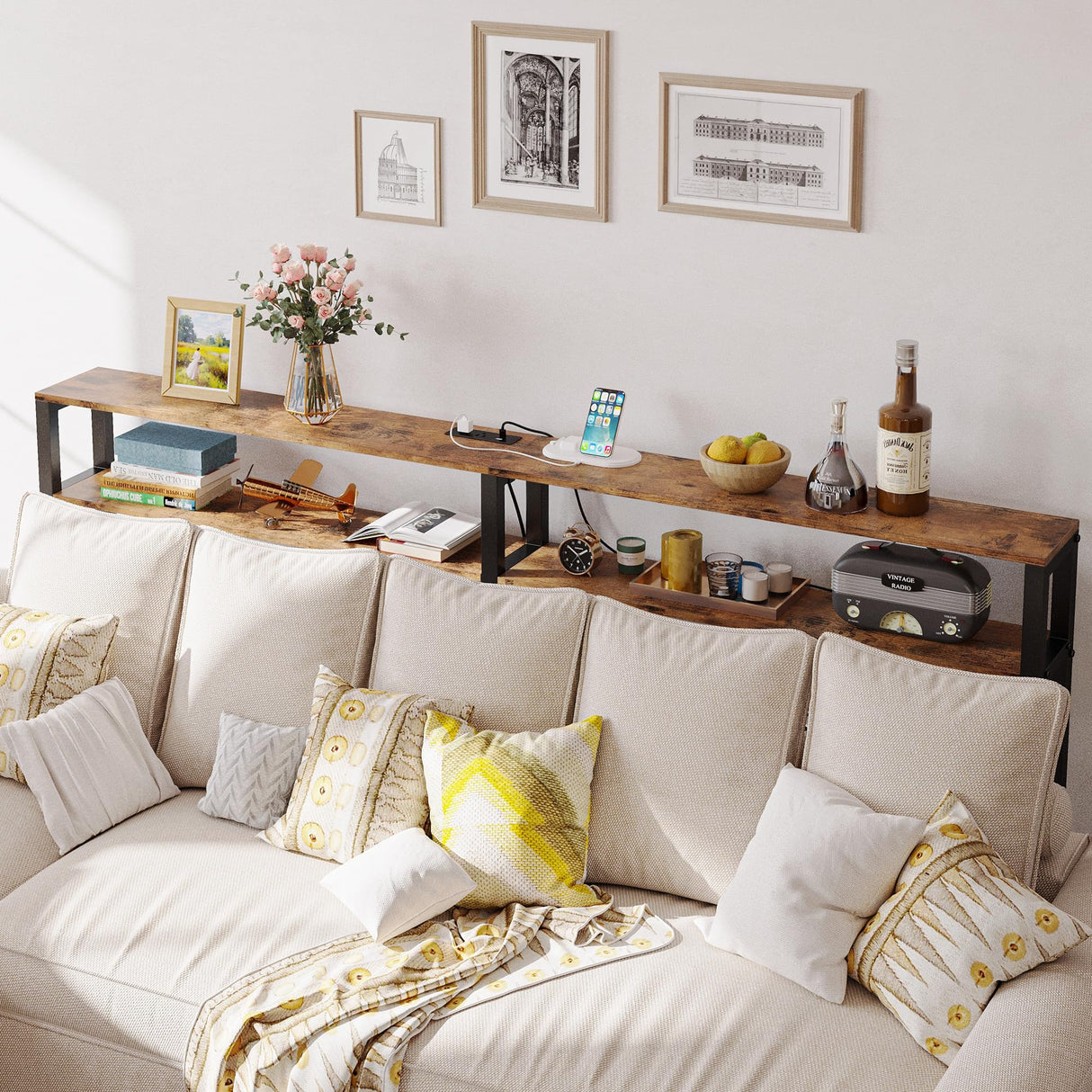 IRONCK Console Table with Power Outlet, Long Sofa Table with Shelves and X-Shaped Design, Narrow Sofa Entryway Behind Couch Table for Living Room and Hallway, Vintage Brown IRONCK