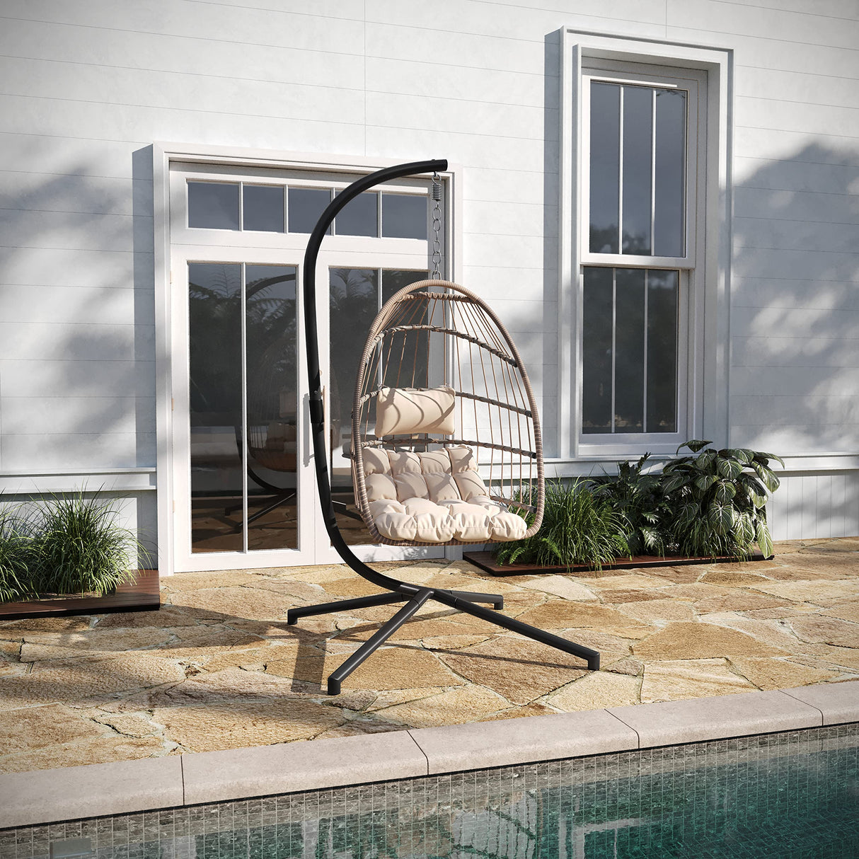 Taylor & Logan Corbin Natural Patio Hanging Wicker Egg Chair with Cream Plush Seat Cushions & Swing Stand for Indoor/Outdoor Use Taylor & Logan