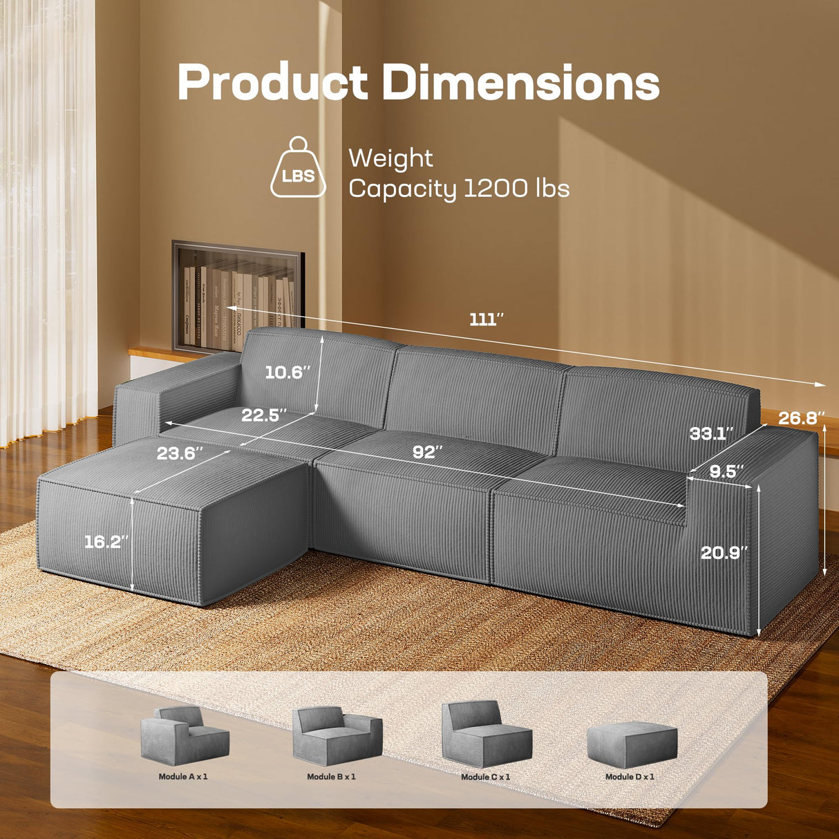 Marsail Modular Sectional Sofa, 111" L-Shaped Modular Sectional Couch with Deep Seat, Freely Combinable Sectional Clound Sofa for Living Room, No Assembly, Plush Corduroy Fabric, Grey Marsail