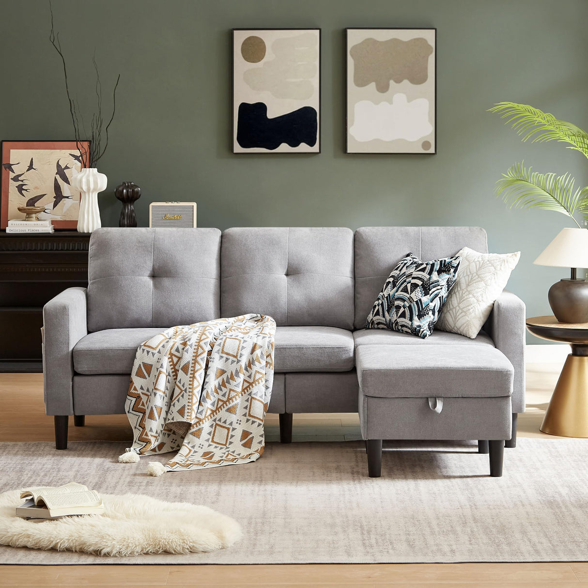 Pingliang Home Sectional Sofa Couches for Living Room, Modular 3 Seats Sectional Sofas L Shaped Couch with Storage and Reversible Chaise, Linen Fabric, 79" (Light Grey) Pingliang Home