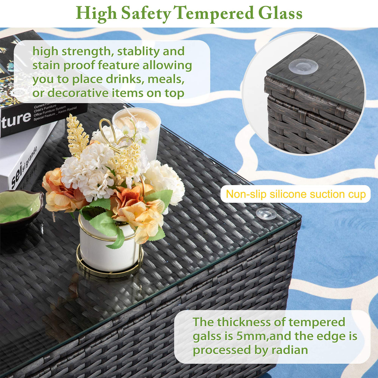 Vongrasig 5 Piece Patio Furniture Sets, All-Weather Brown PE Wicker Outdoor Couch Sectional Set, Small Conversation Set for Garden/Patio w/Ottoman, Glass Table, Red Pillow, Beige Vongrasig