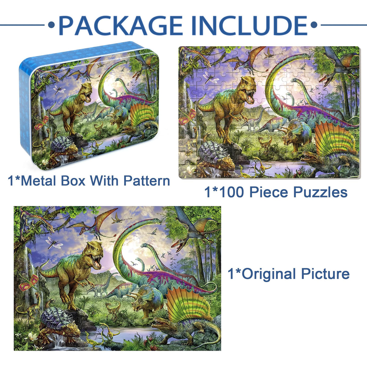 LELEMON Puzzles for Kids Ages 4-8,Dinosaur 100 Piece Puzzles for Kids,Educational Kids Puzzles Jigsaw Puzzles in a Metal Box,Children 100 Piece Puzzle Games Puzzle Toys for Girls and Boys LELEMON