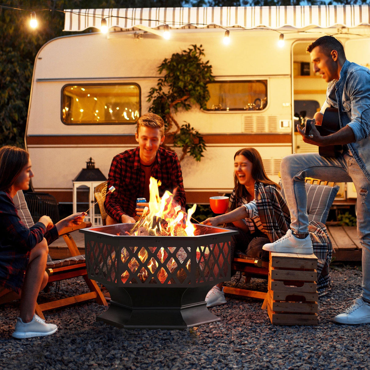 Yaheetech 26in Fire Pits for Outside Hex Shaped Fire Pit Wood Fire Pit Outdoor Fireplace for Bonfire Patio Picnic BBQ, with Spark Cover, Fire Poker Yaheetech