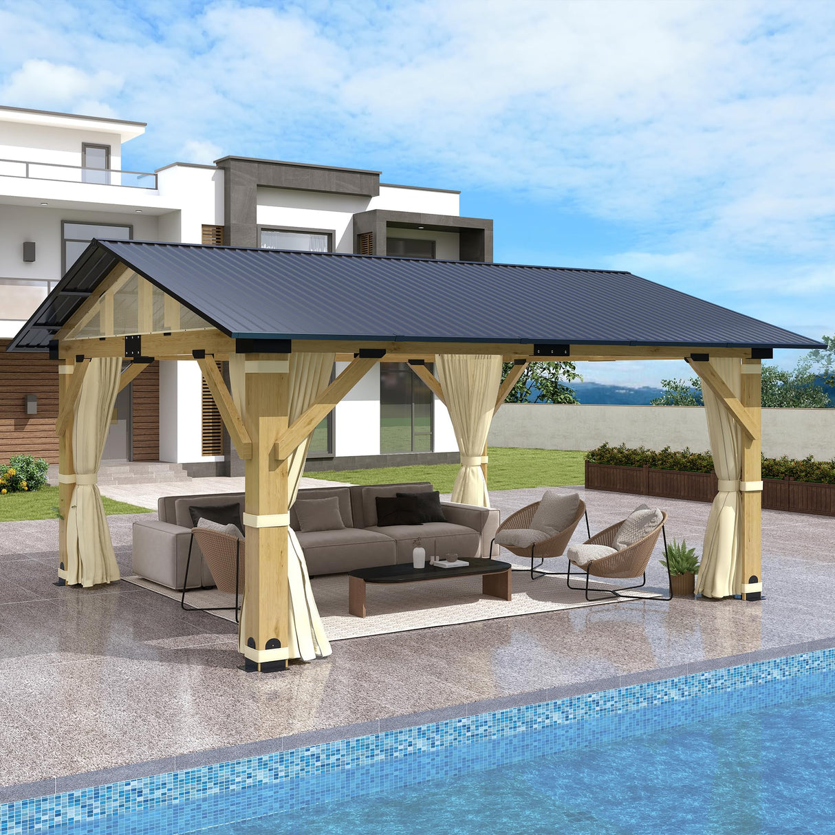 COVERONICS 13’x15’ Outdoor Wood Gazebo - Hardtop Patio Gazebo with Galvanized Steel Roof, Cedar Wooden Gazebo with Privacy Curtains and Netting for Garden, Porch, Patio and Deck COVERONICS