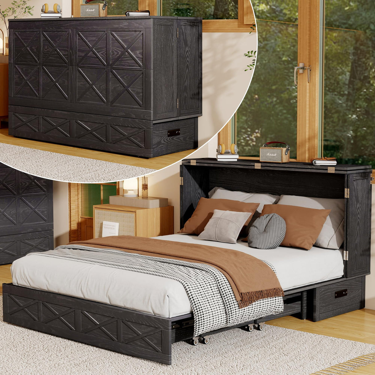 Keloyid Solid Wood Murphy Bed Cabinet:Queen Size Murphy Bed with USB Charging Station and Large Storage Drawer for Home,Optimize Sleeping Space(Mattress Not Included) Retro Brown Black-21 Keloyid