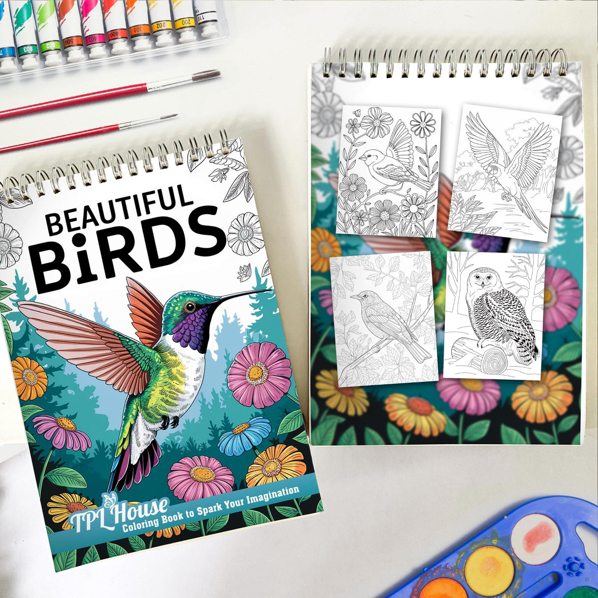 TPLHOUSE Beautiful Birds Coloring Book Spiral Bound for Adults, Premium Cover, 30 Serene Coloring Pages of Tropical Birds for Stress Relief and Relaxation TPLHOUSE