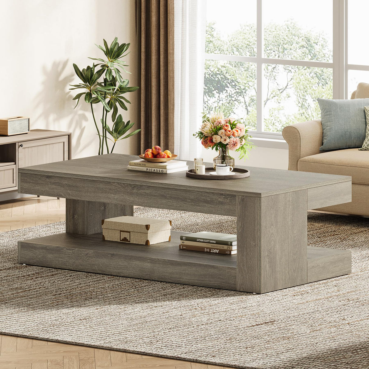 Tribesigns Coffee Table for Living Room, 47.24 Inch Farmhouse 2-Tier Accent Center Tea Cocktail Table with Storage, Elegant Grey, Rectangular Tribesigns